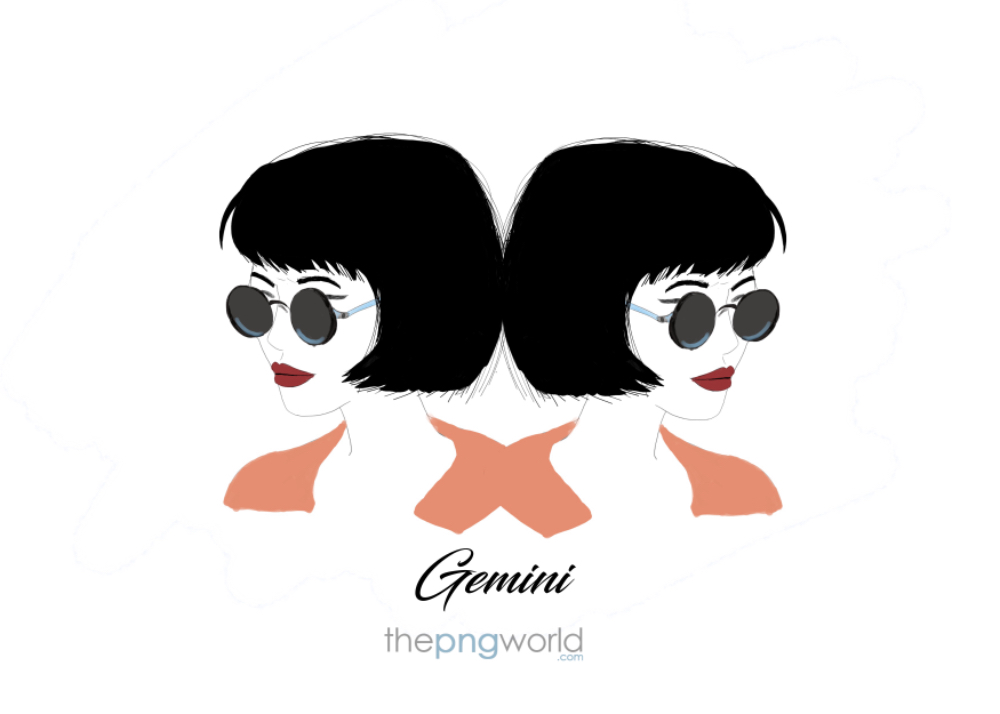 Gemini Sign with modern Girls Zodiac sign,peach,blue,red,girl,astrology,Gemini,mythology,black,shades,tattoo,horoscope,star,modern,constellation,tarot cards,symbol,reading,astronomy,oval,watercolor,paint,handmade,sketch,hand free